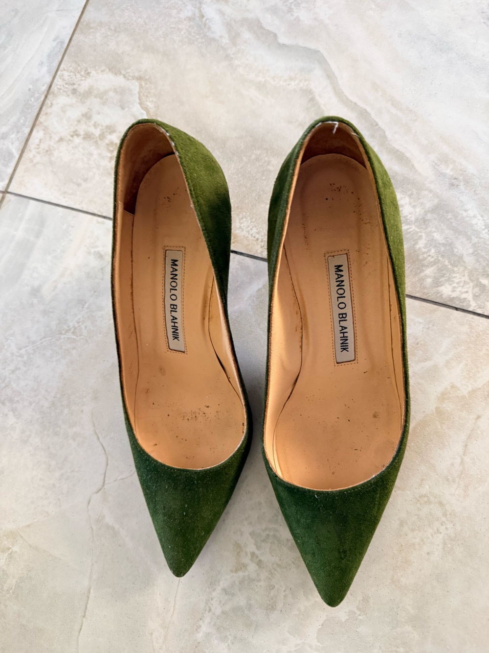 Manolo Blahnik Olive Green Suede Pointed Kitten Heels